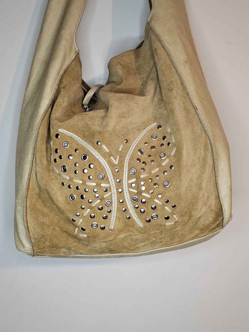 Arcadia Italy Vintage Gold Leather Hobo Bag Butterfly Embossed Y2K Rare - Picture 4 of 16